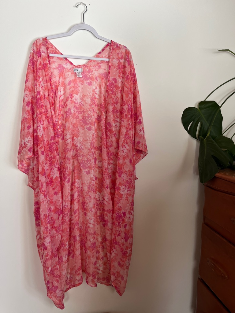 Sheer Pink Floral Swim Coverup Kimono